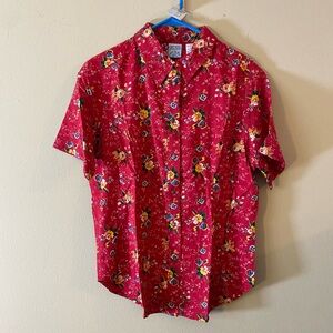 Vintage Russ ‘State of Blue’ Red Floral Hawaiian Button Front Tee Sz M